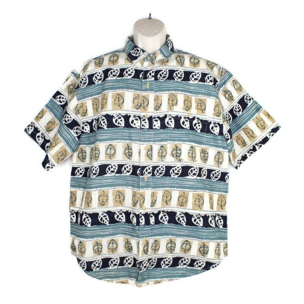 Bugle Boy Shirt Mens Large Short Sleeve Button Up Blue Hawaiian Floral Leaves